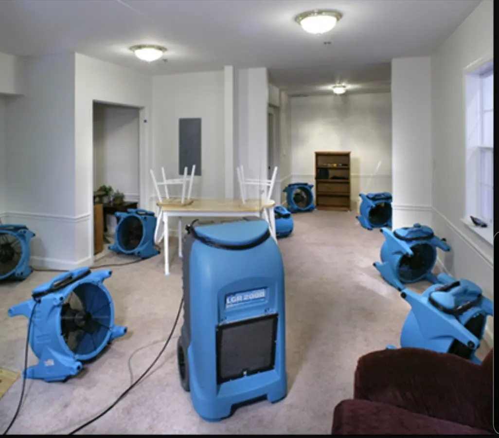 Air movers and dehumidifier setup for Water Damage Restoration in West Brandywine